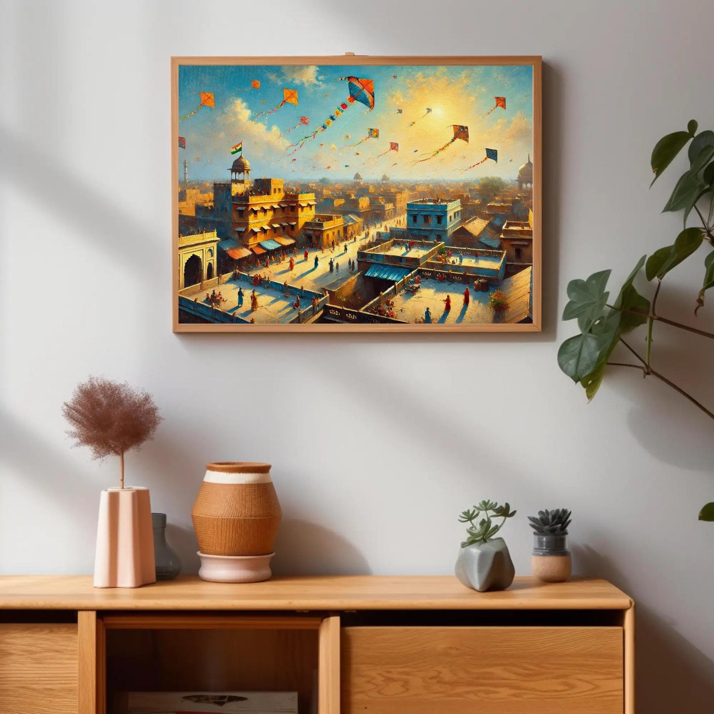a painting of a city with kites in the sky