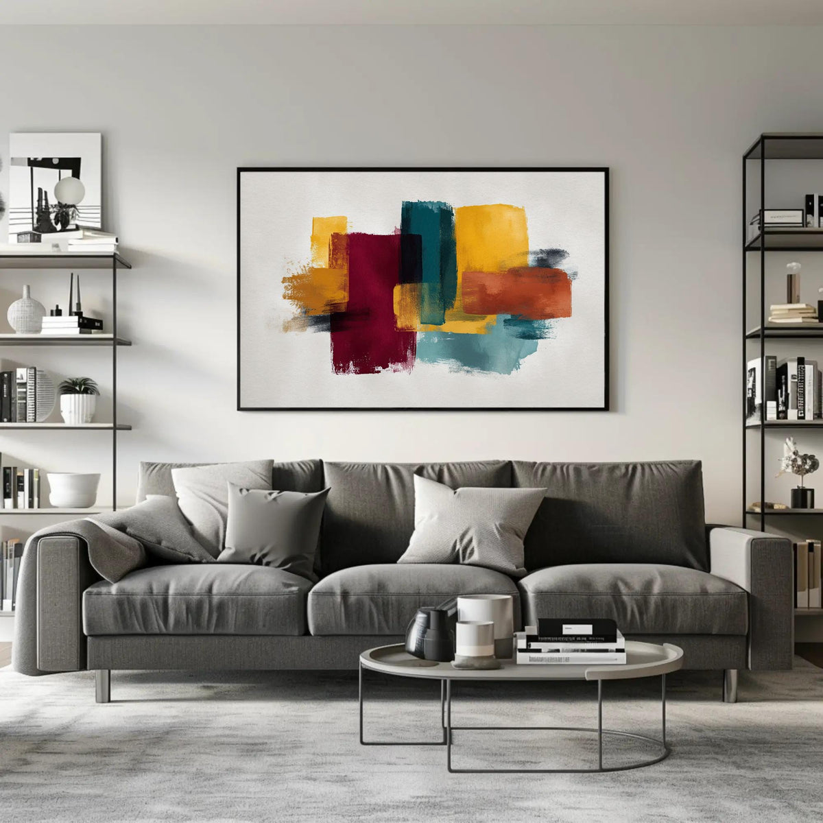 Abstract color brushstrokes canvas wall art, modern living room with a gray sofa, a coffee table, and a large abstract