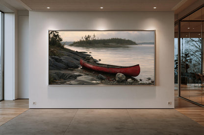 A large framed painting depicting a red canoe resting on a rocky shore, with a calm lake and trees in the background.