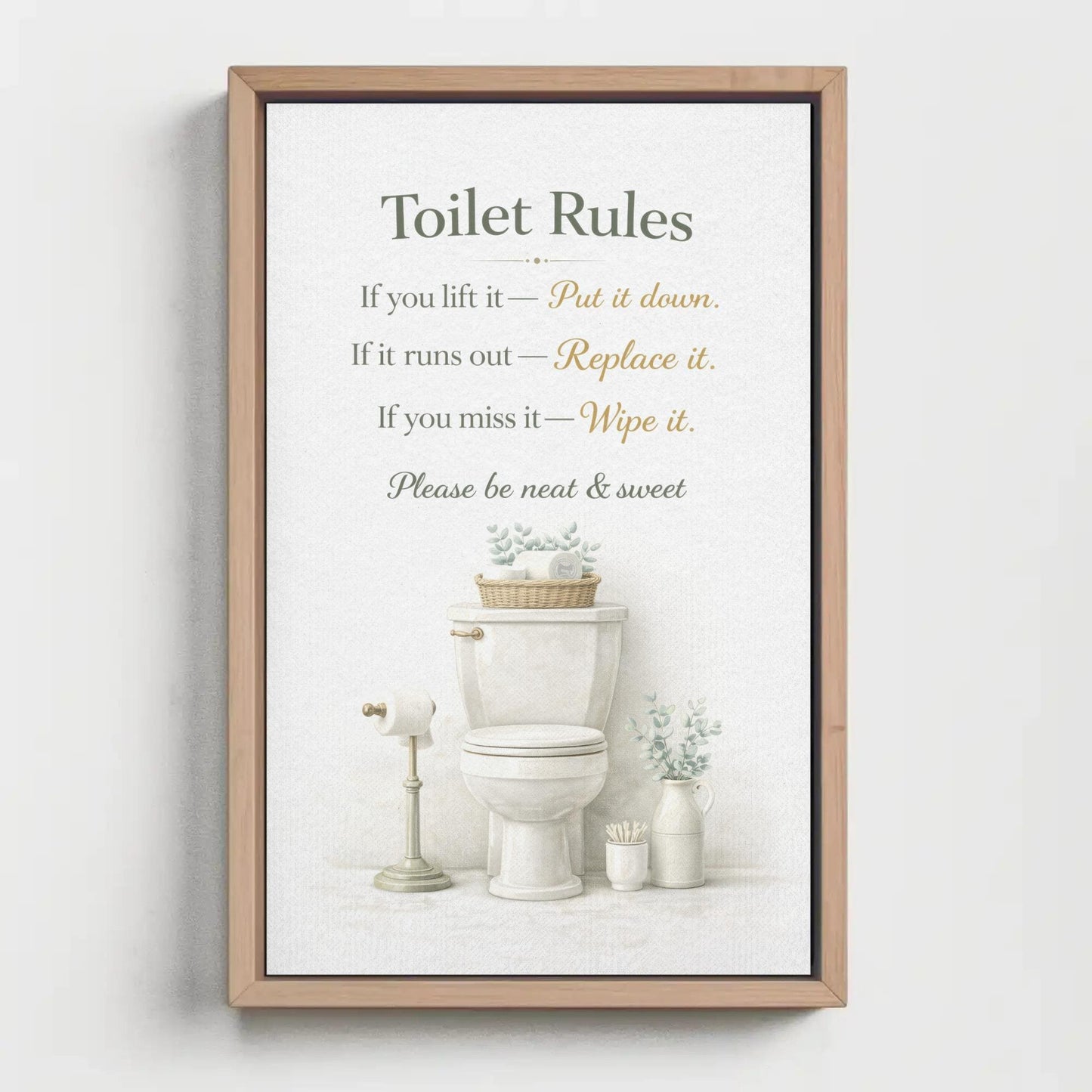 Toilet Rules Wall Art, Funny Bathroom Print, Black Gold Typography Canvas Decor
