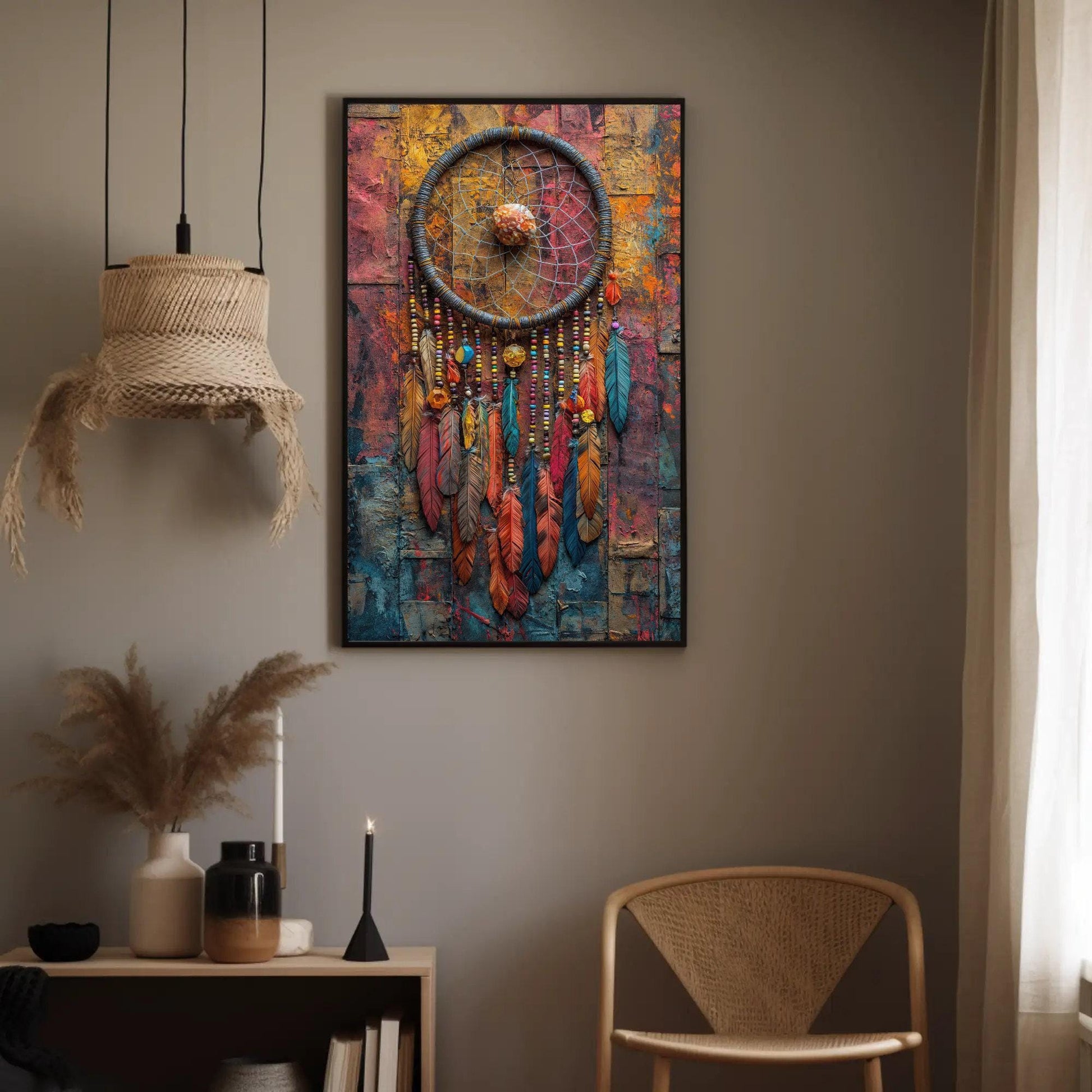 Dreamcatcher , Boho Rustic Feather canvas wall art shown in a styled interior