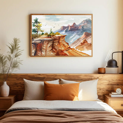 Grand Canyon Watercolor Painting canvas wall art shown in a bedroom