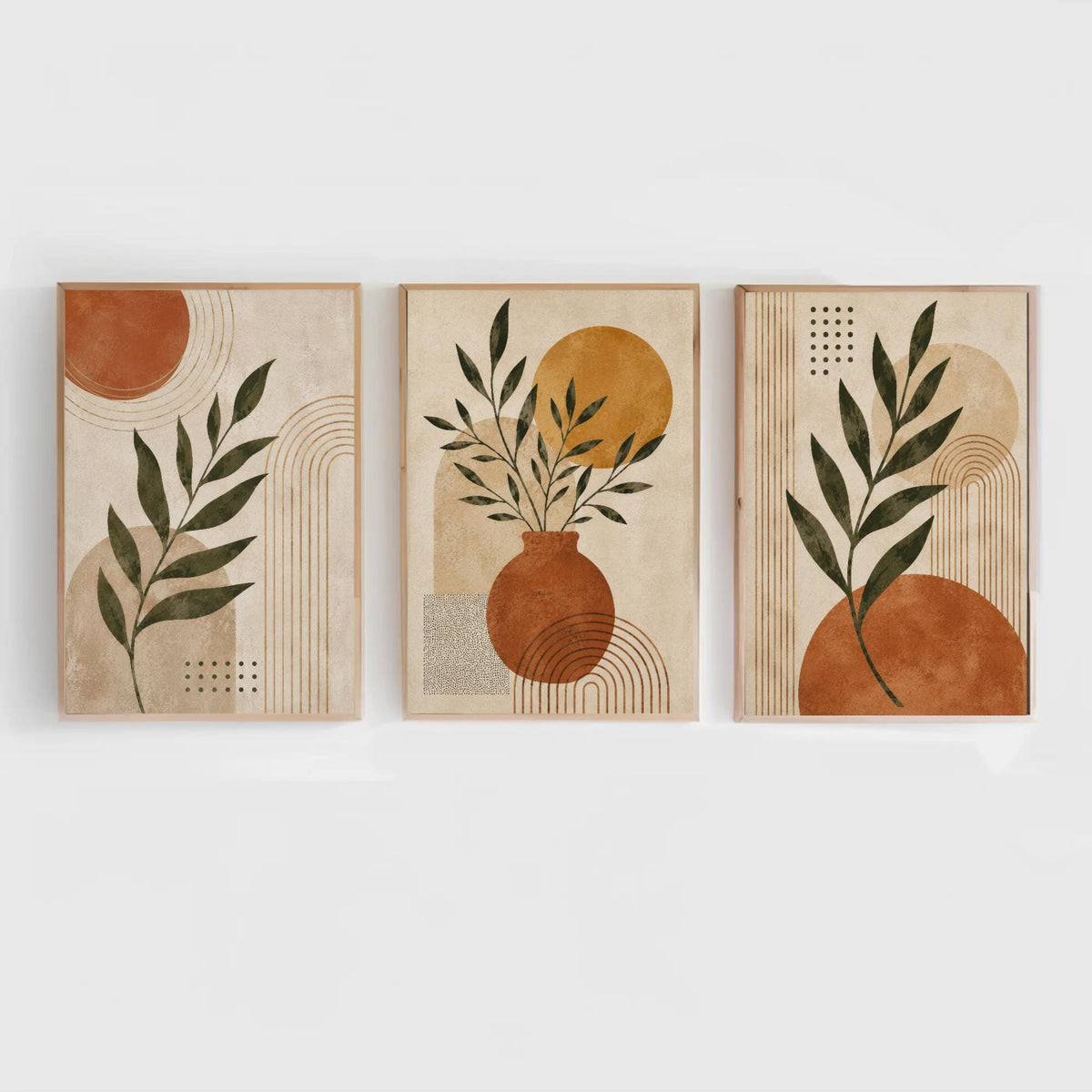 Boho botanical abstract trio canvas wall art, three abstract artworks arranged in a row, each featuring a different design