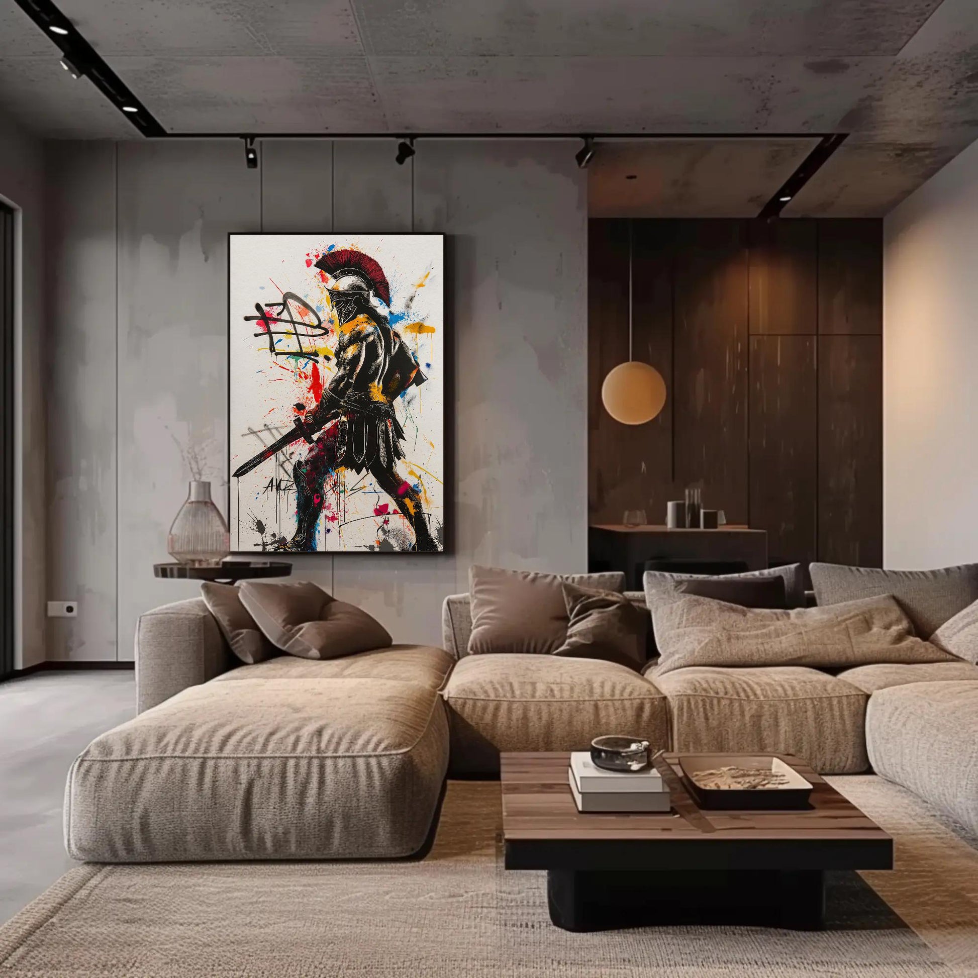 Greek Warrior canvas wall art shown in a living room