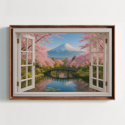 Mount Fuji window view canvas wall art, open window with a view of a mountain
