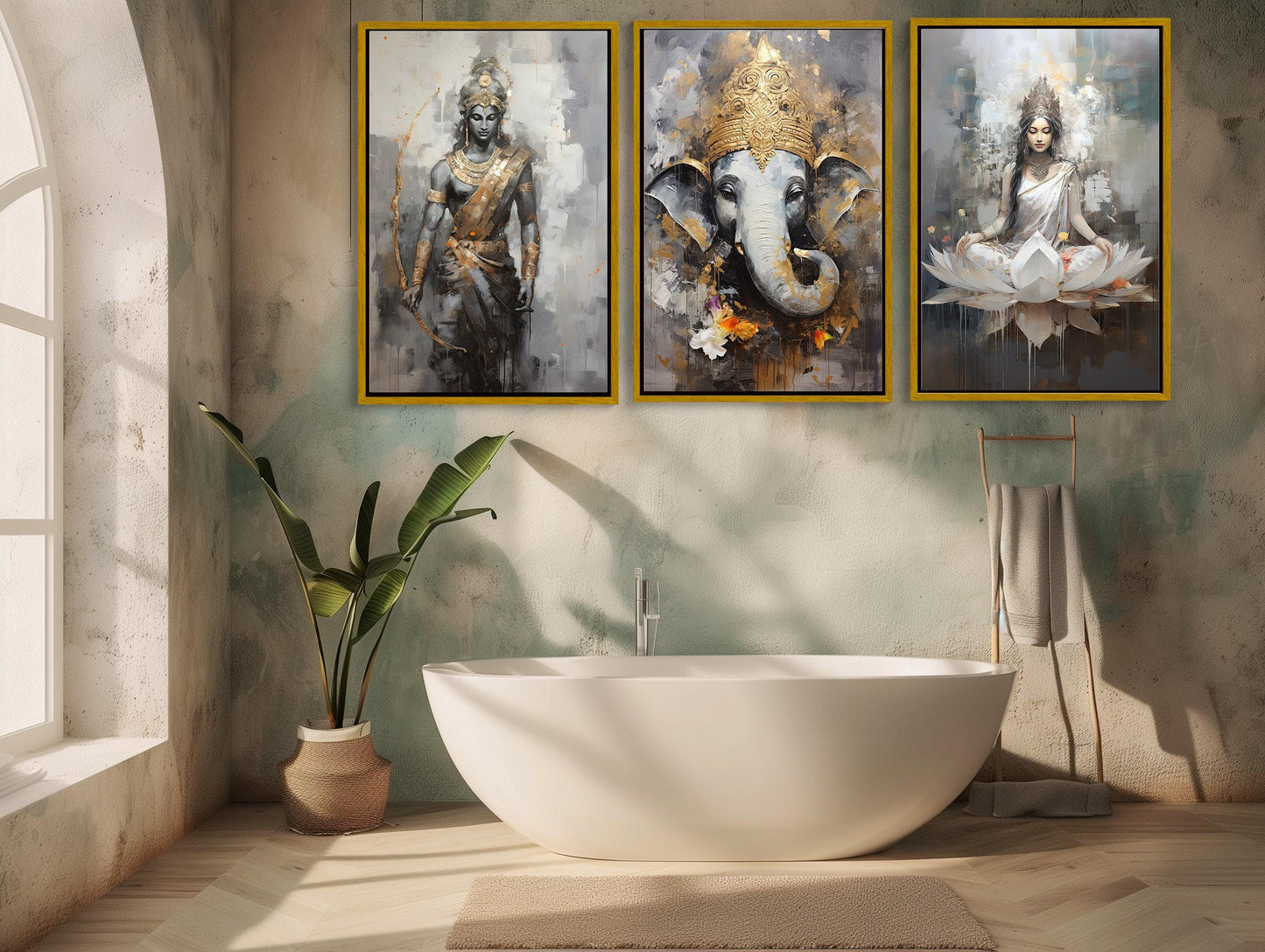 Hindu Deities Canvas Set of 3, Ganesh Ram Lakshmi Pooja Art