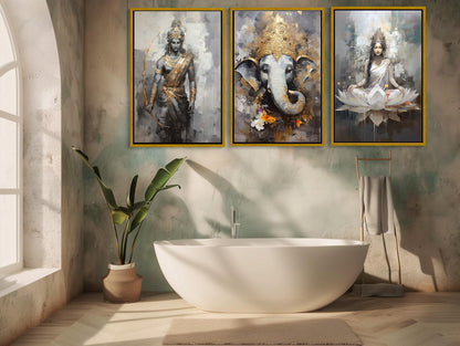 Hindu Deities Canvas Set of 3, Ganesh Ram Lakshmi Pooja Art