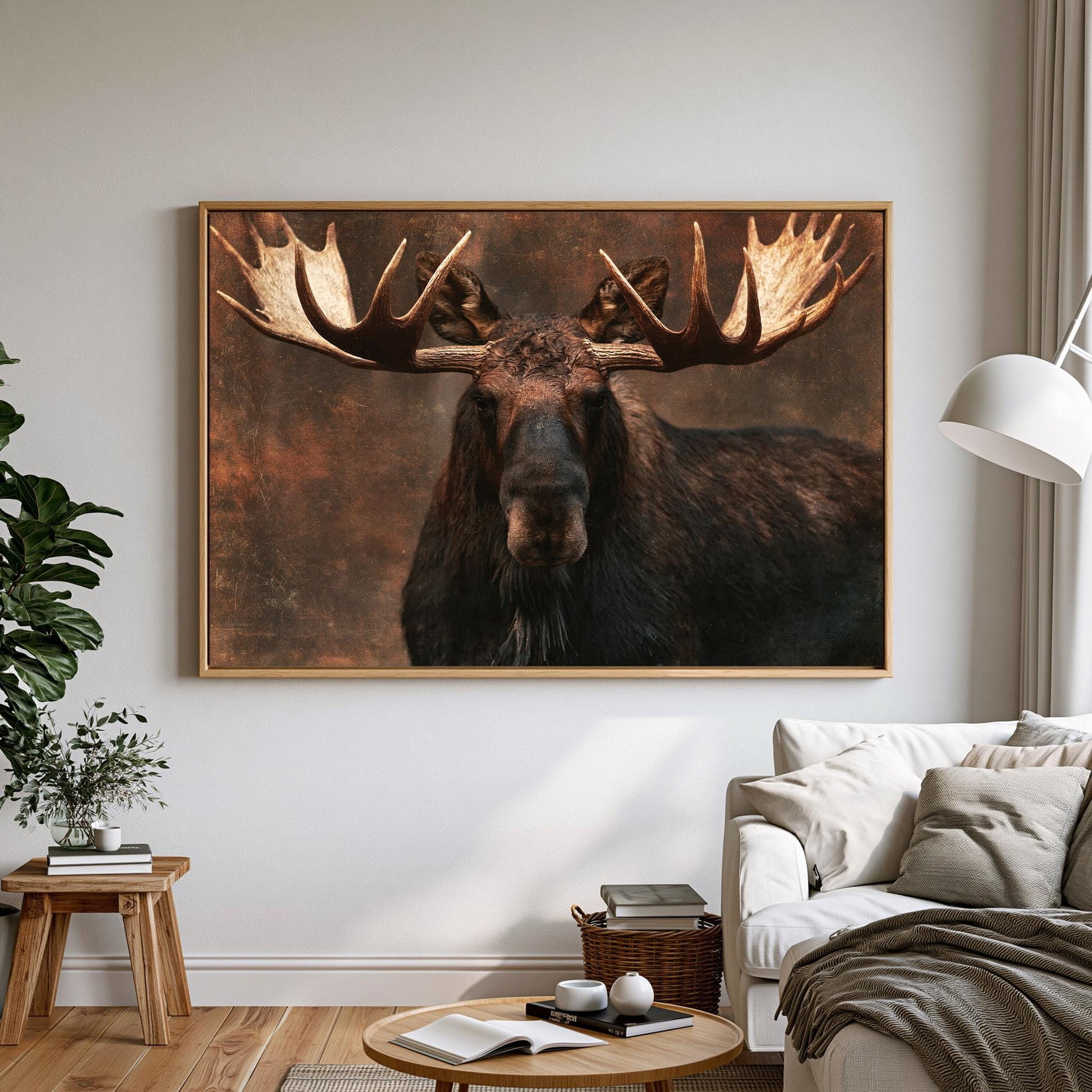 A large framed photograph of a moose with large antlers is displayed on the wall in a living room setting.