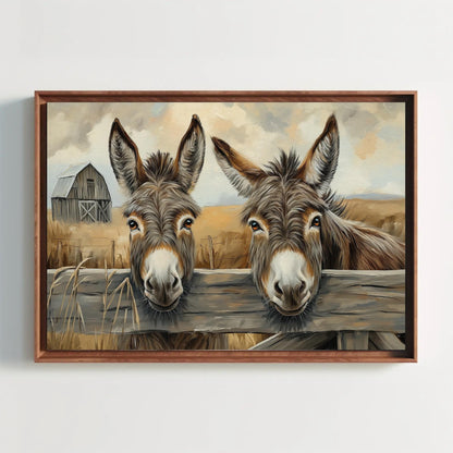 Two Donkeys Canvas Print, Rustic Farmhouse Wall Art on Extra Large Canvas