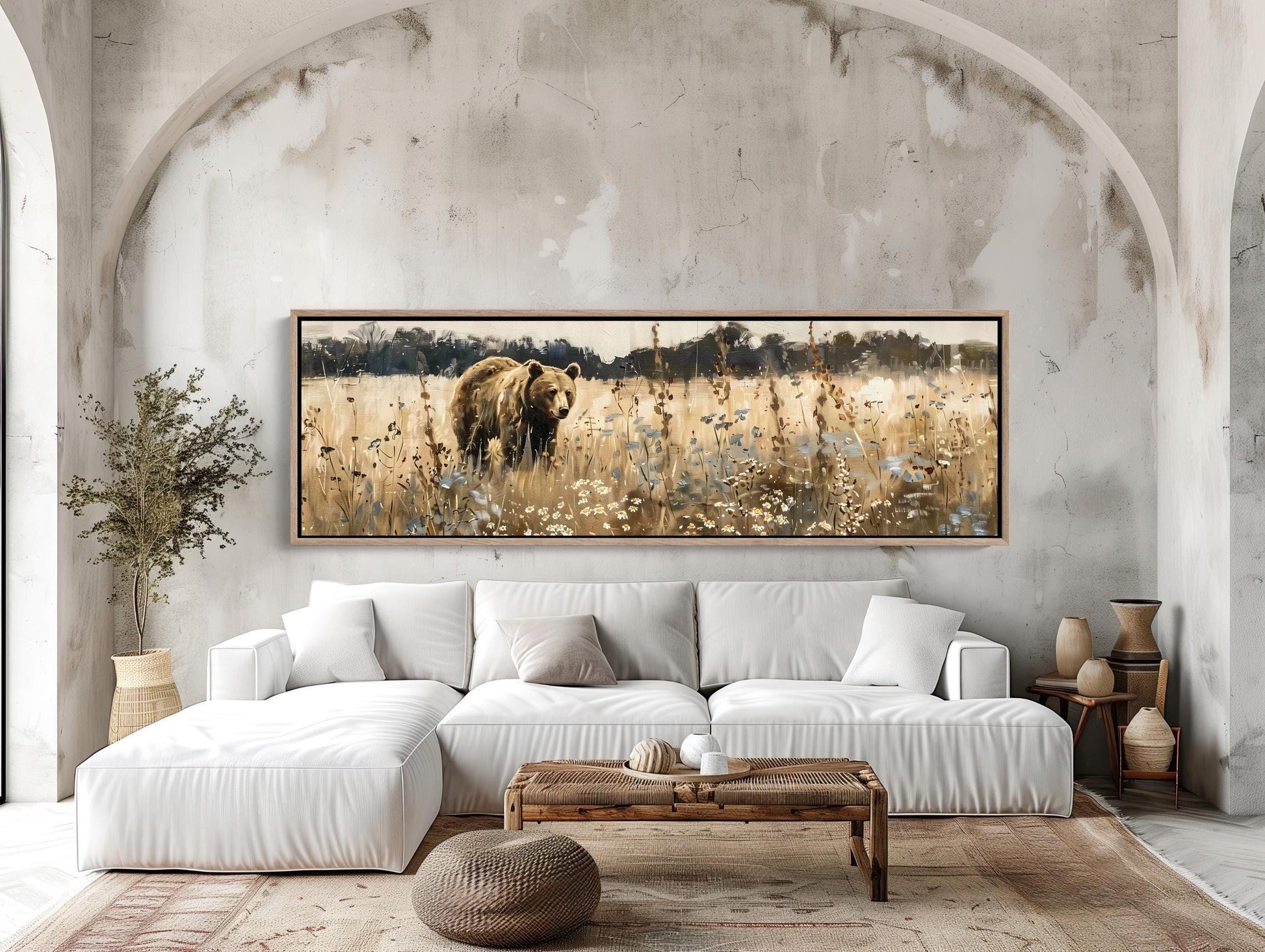 Brown Bear Canvas Art, Large Horizontal Wildlife Wall Decor with Wildflowers