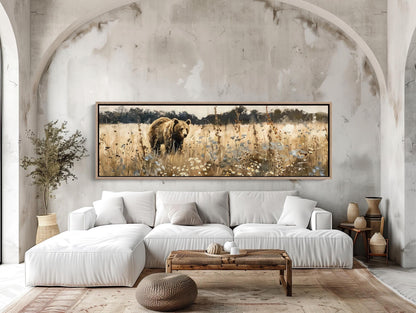 Brown Bear Canvas Art, Large Horizontal Wildlife Wall Decor with Wildflowers