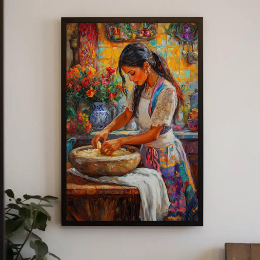 a painting of a woman preparing food on a table