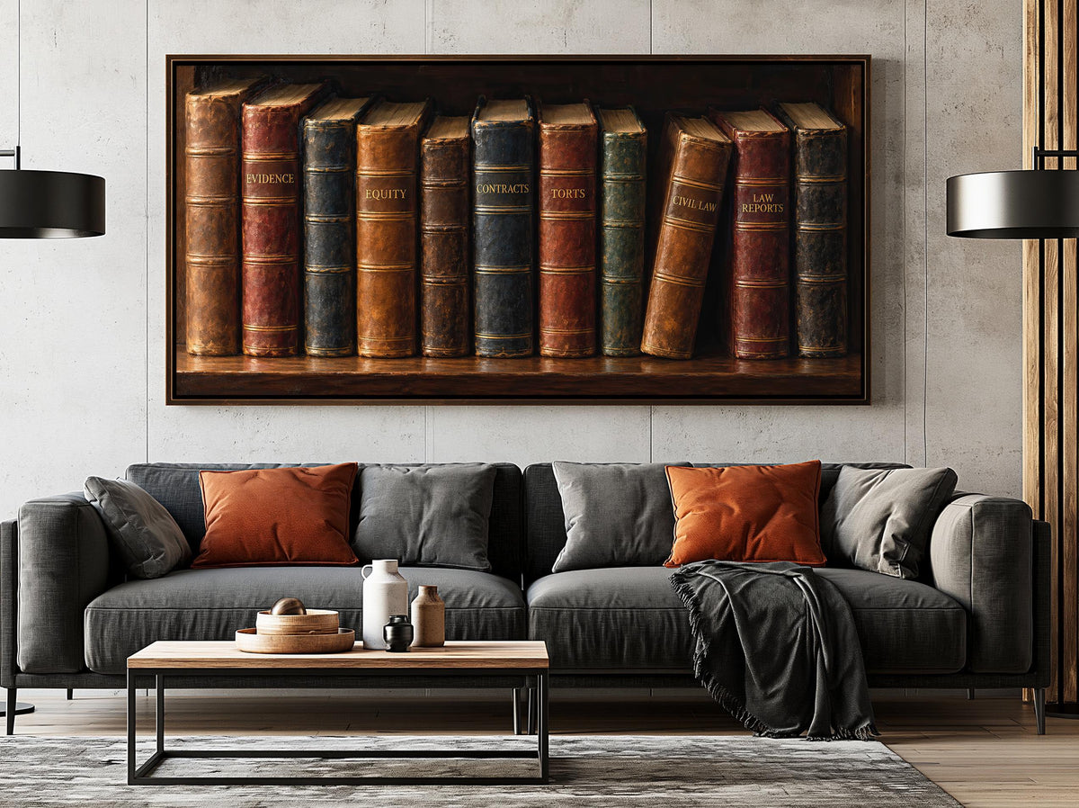 a cozy living room with a gray sofa, a wooden coffee table, and a large framed painting of a row of colorful books on the wall above the sofa.