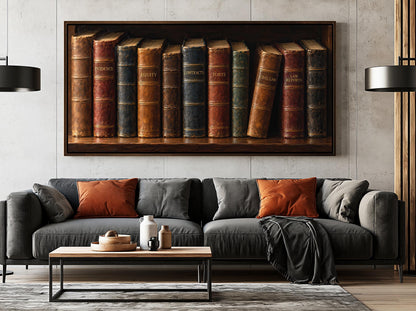 a cozy living room with a gray sofa, a wooden coffee table, and a large framed painting of a row of colorful books on the wall above the sofa.