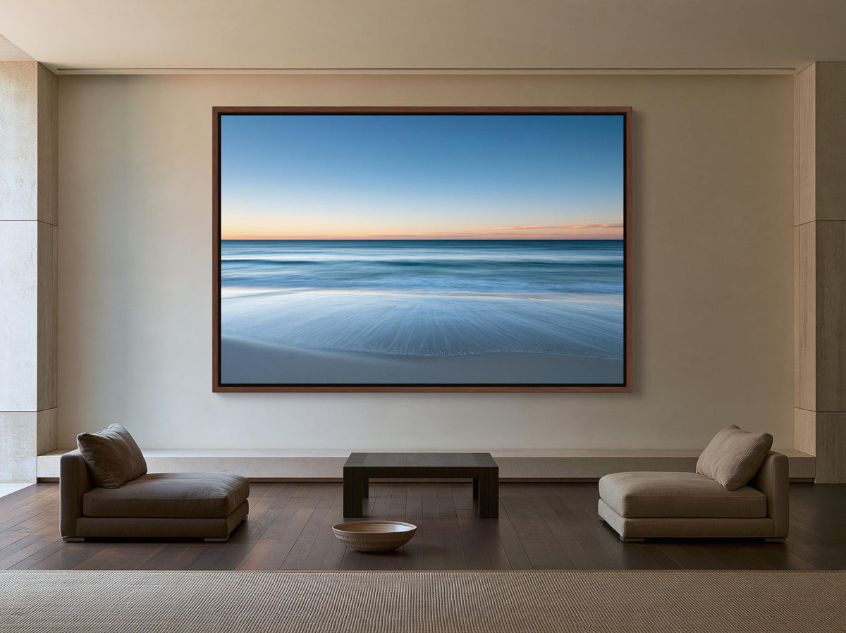 Ocean horizon at dusk canvas wall art, large, framed picture of a serene beach scene with a calm ocean and a clear sky