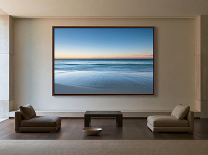 Ocean horizon at dusk canvas wall art, large, framed picture of a serene beach scene with a calm ocean and a clear sky