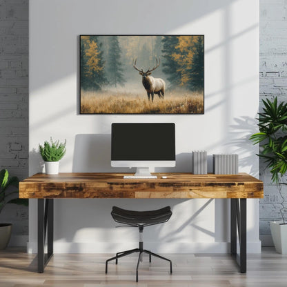 Majestic Elk canvas wall art shown above a desk