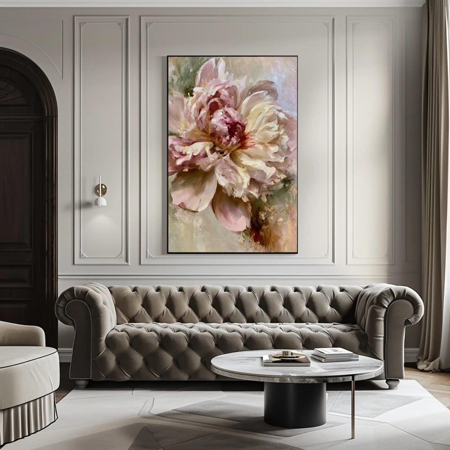 Blush Peony canvas wall art shown in a living room