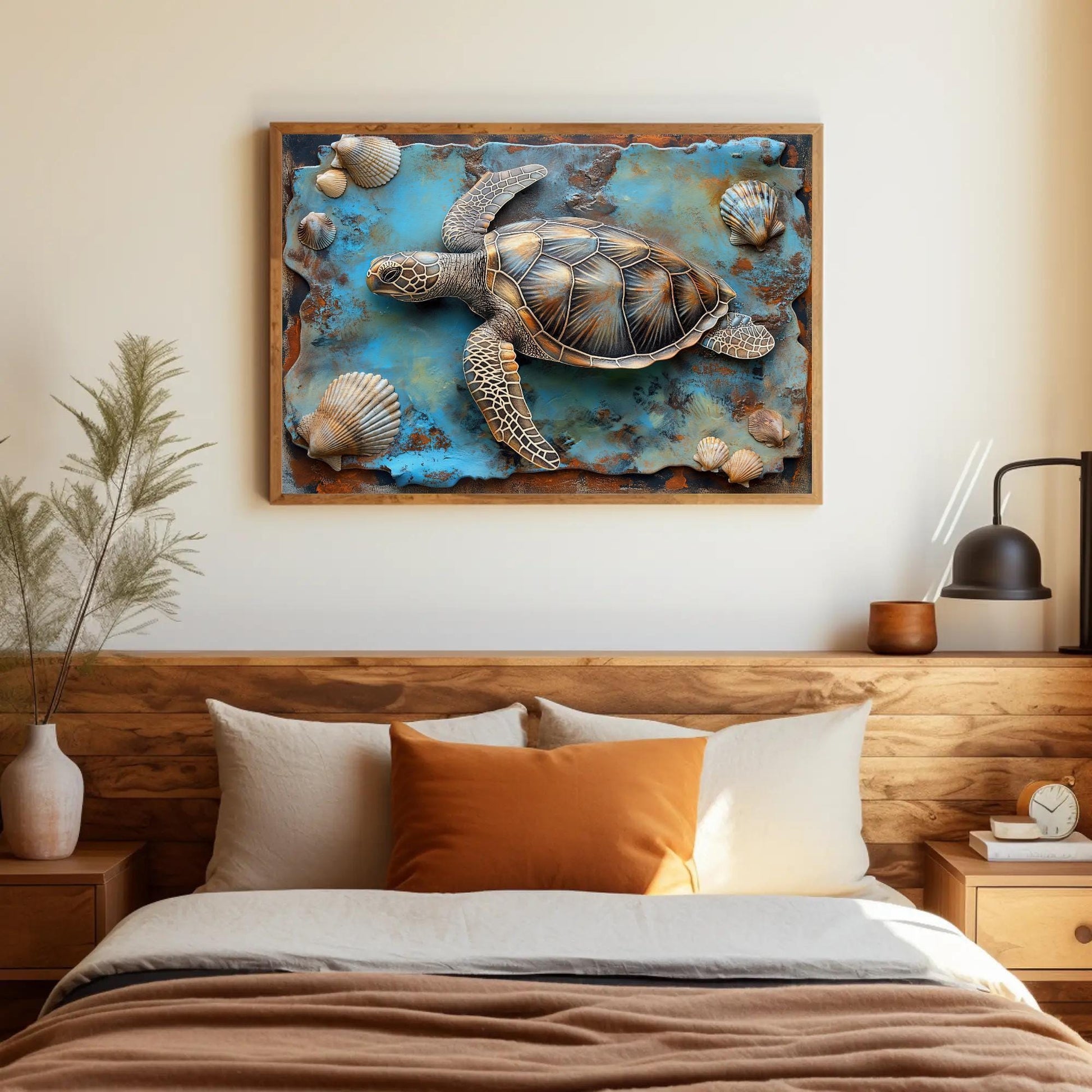 3D Sea Turtle Art canvas wall art shown in a styled room