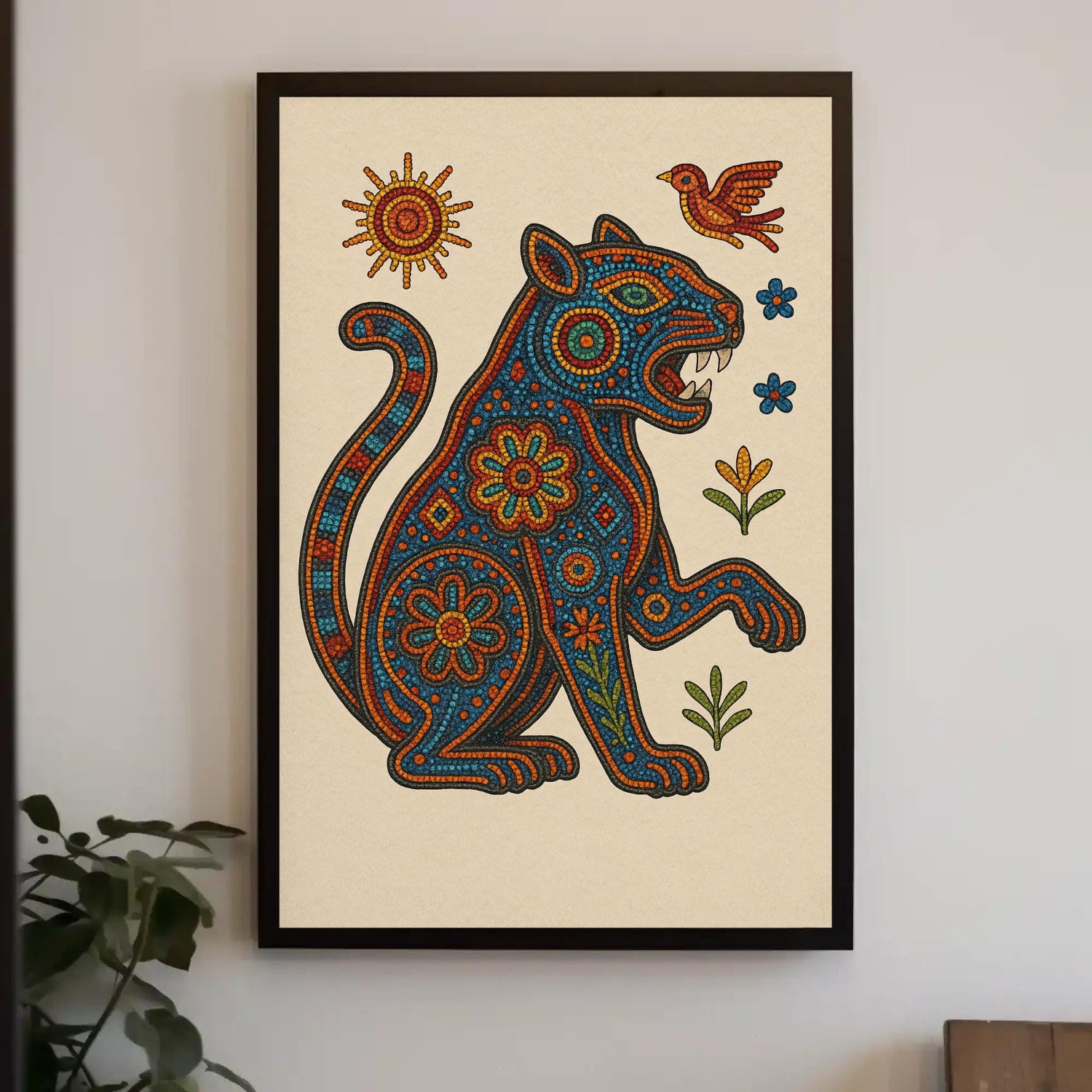 Huichol Jaguar Canvas Print, Mexican Folk Art, Boho Home Decor & Spiritual Wall Art