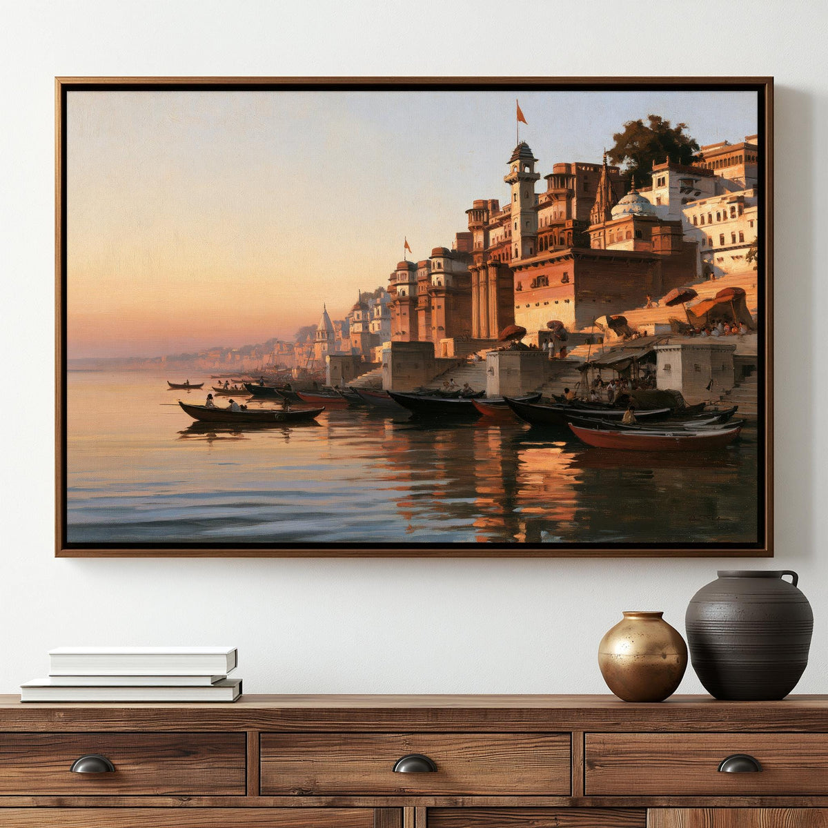 a serene scene of a river with boats floating on the water, surrounded by a cityscape with buildings and a tower.