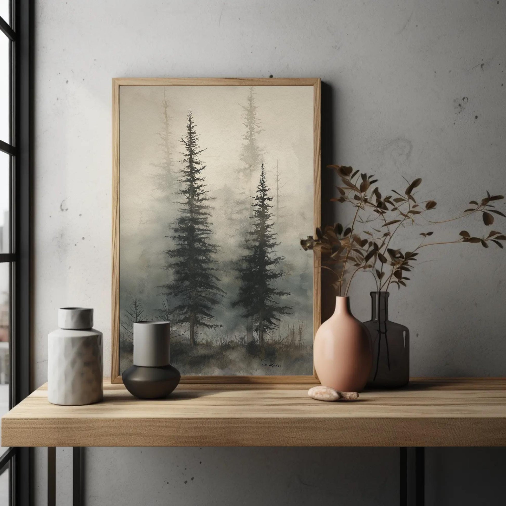 Foggy Pine Forest , Misty Woodland canvas wall art shown in a styled room (view 2)