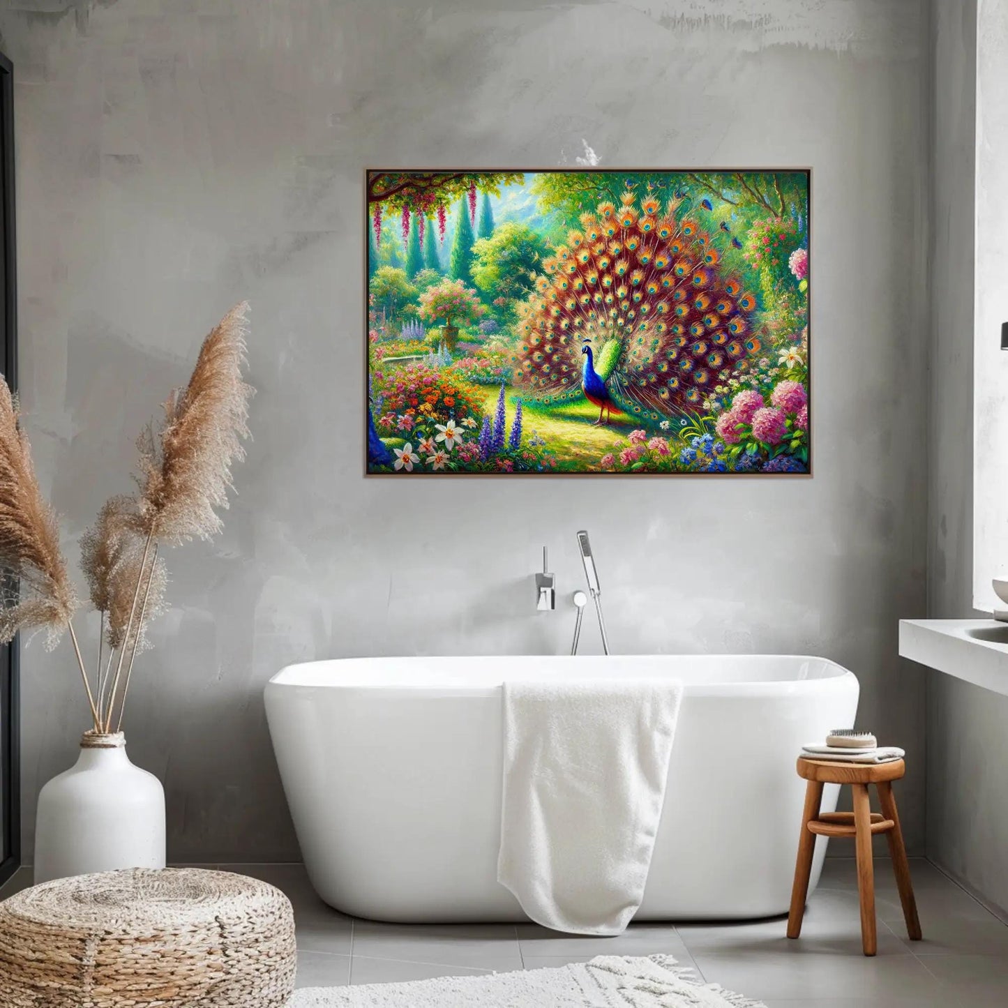 Peacock Garden canvas wall art shown in a bathroom