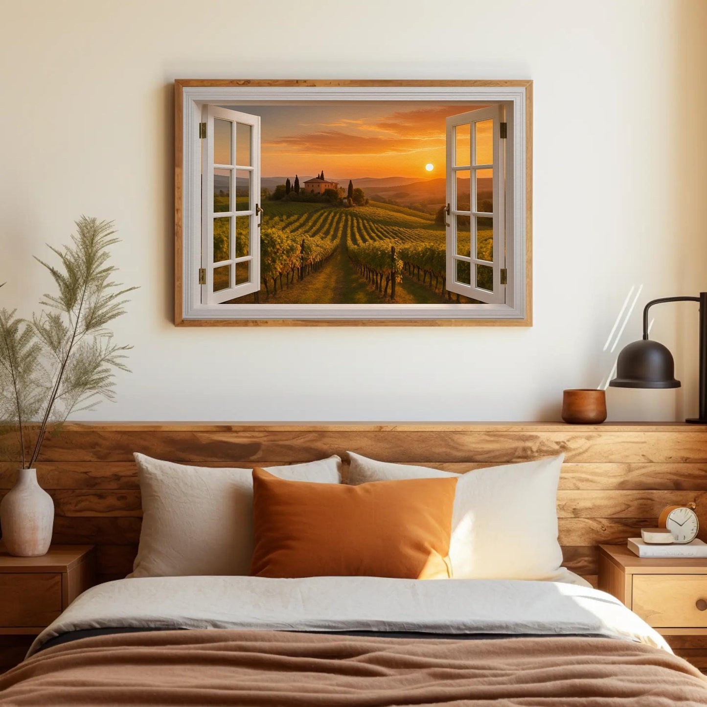 a bedroom with a bed and a picture hanging on the wall