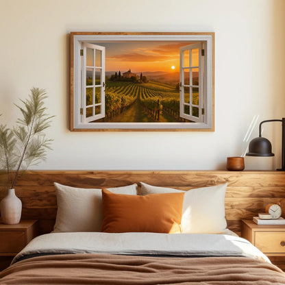 a bedroom with a bed and a picture hanging on the wall