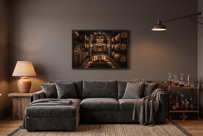 a cozy living room with a large, plush gray sectional sofa, a wooden side table with a lamp, and a framed picture of a wine cellar on the wall.