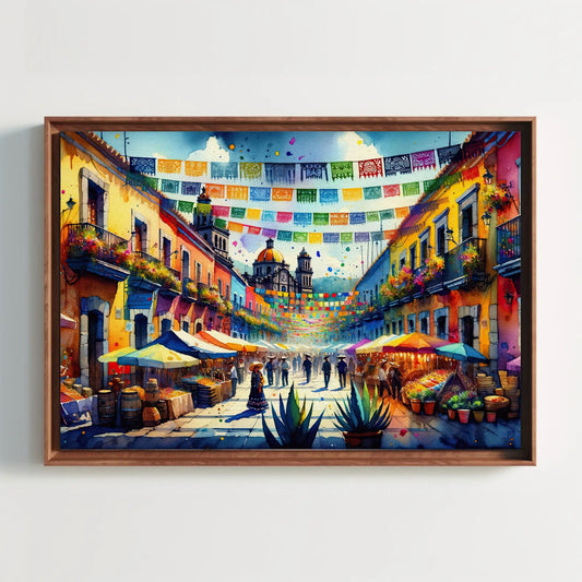 Mexican Street Scene Canvas Print, Traditional Pueblo Wall Art