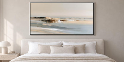 a large, framed painting of a serene landscape hanging above a bed with white bedding and pillows.