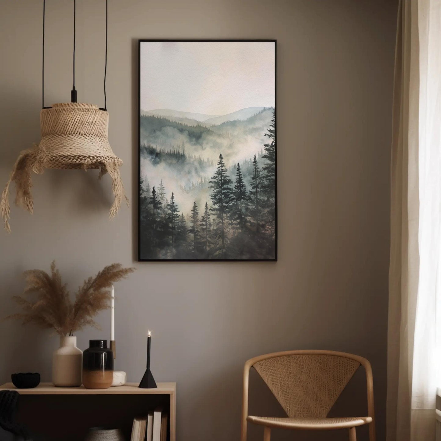 Misty Pine Forest canvas wall art shown in a styled interior