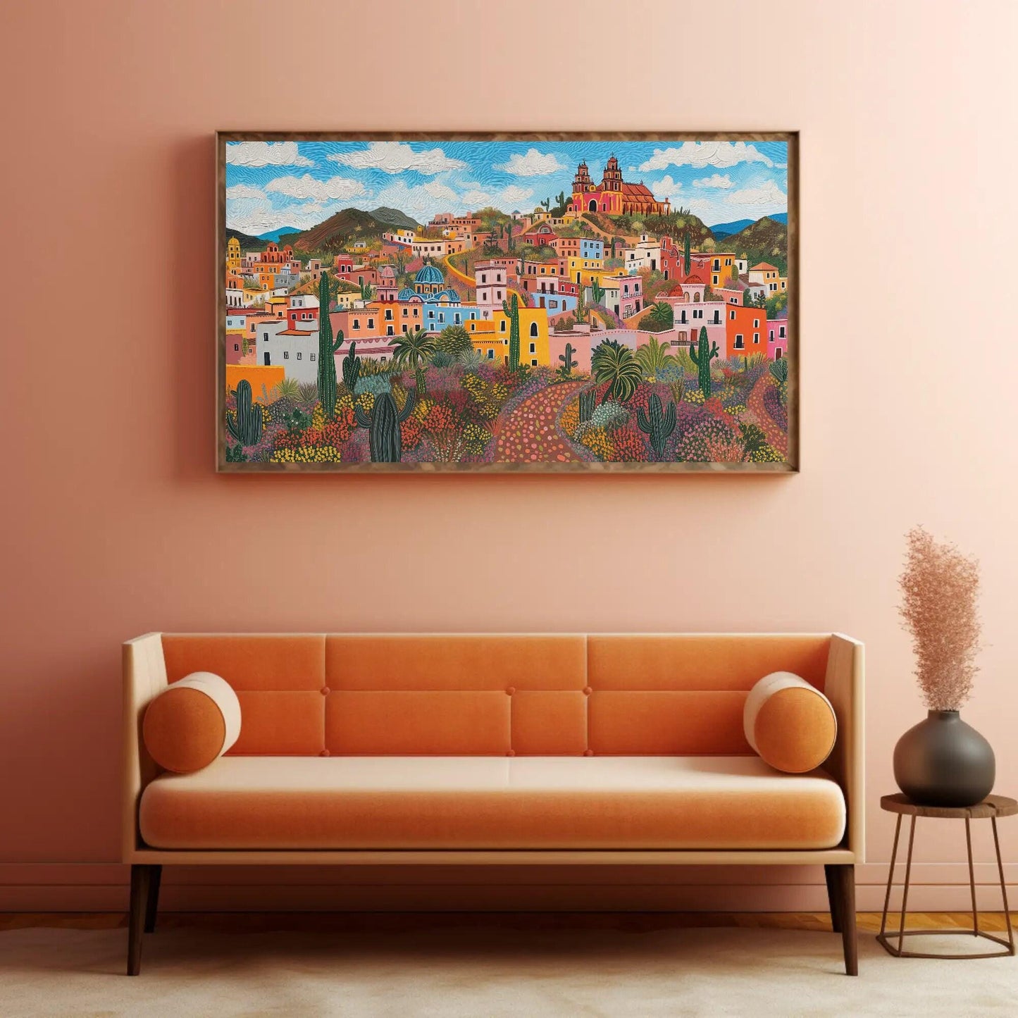 Zacatecas Mexico , Colorful Colonial canvas wall art shown in a living room (view 4)