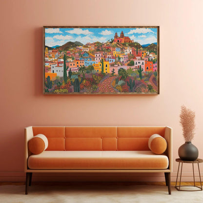 Zacatecas Mexico , Colorful Colonial canvas wall art shown in a living room (view 4)