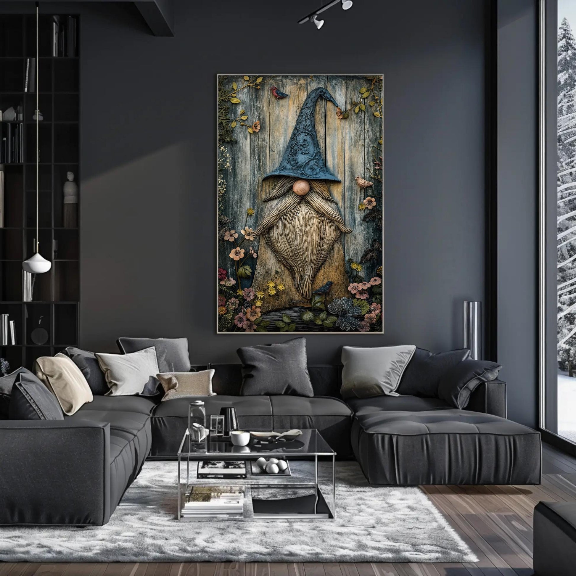Gnome , Whimsical Garden Cottagecore canvas wall art shown in a living room
