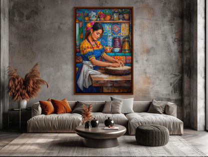 Mexican Kitchen , Abuela Tortilla canvas wall art shown in a living room