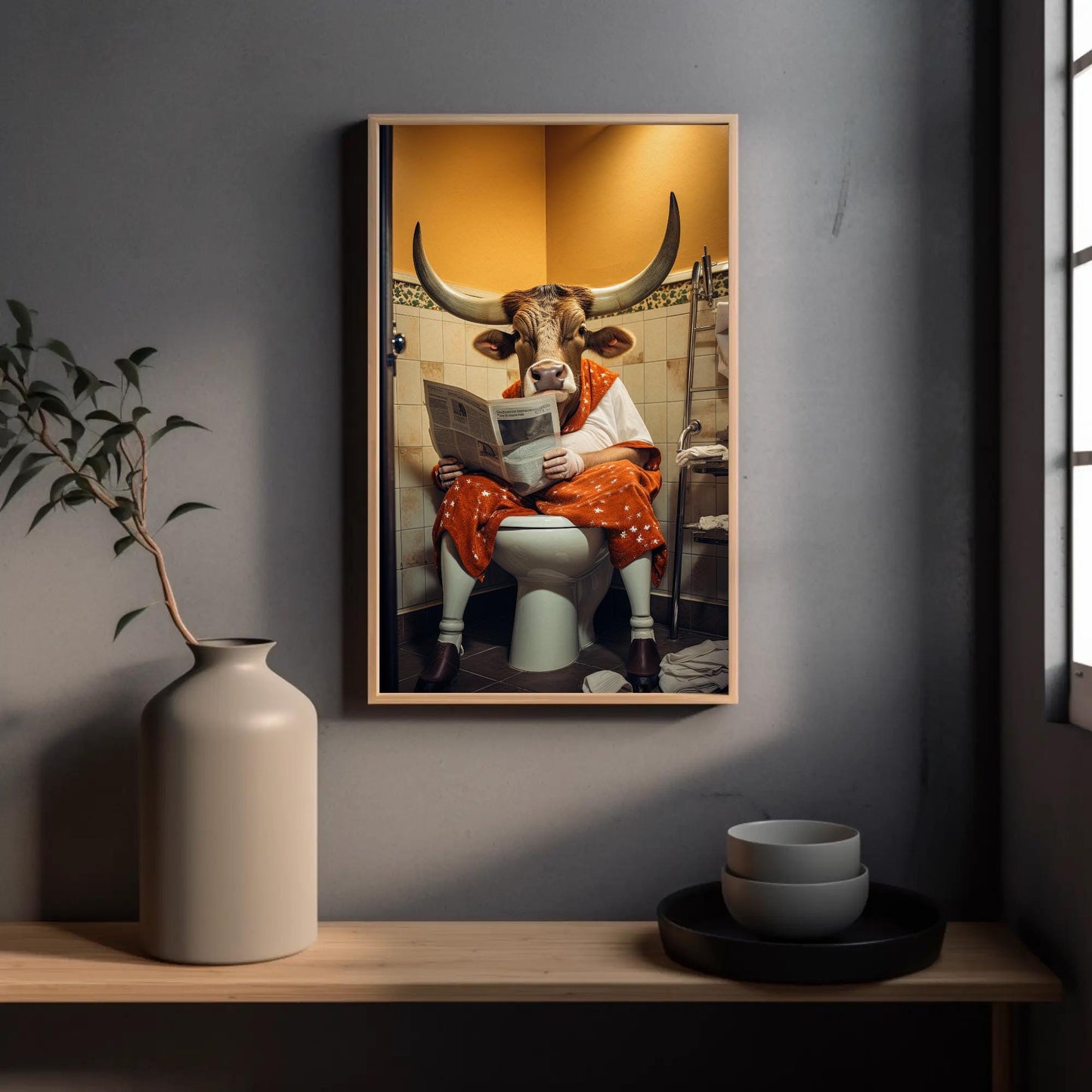 a picture of a cow sitting on a toilet reading a newspaper