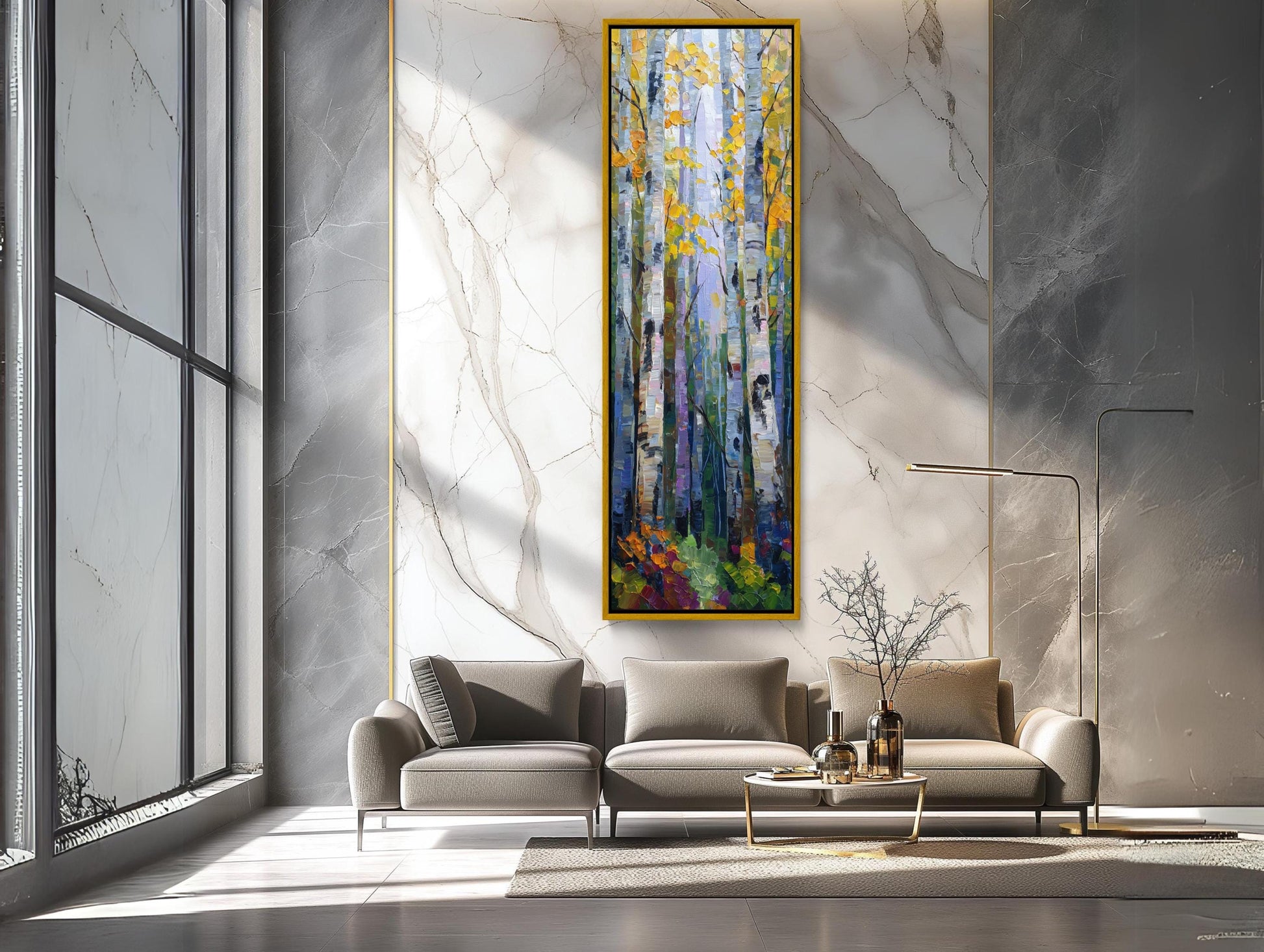Autumn Birch Grove canvas wall art shown in a living room (view 2)