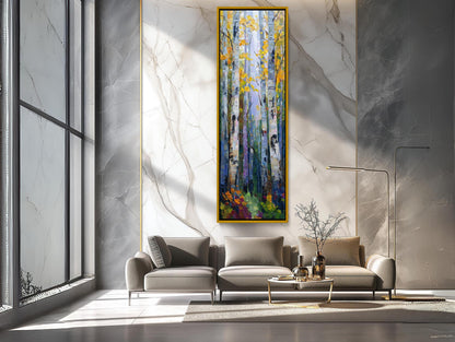 Autumn Birch Grove canvas wall art shown in a living room (view 2)