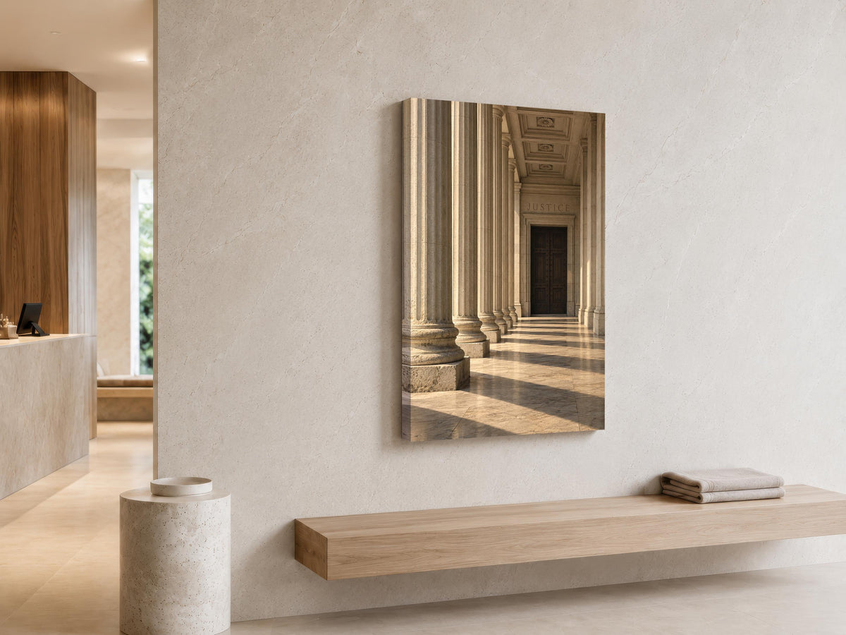 a minimalist interior design with a large framed photograph of a hallway with columns hanging on the wall. The photograph captures the architectural details of the columns and the overall layout of the hallway. The room has a clean, modern aesthetic with a wooden bench and a small white pedestal in the foreground.