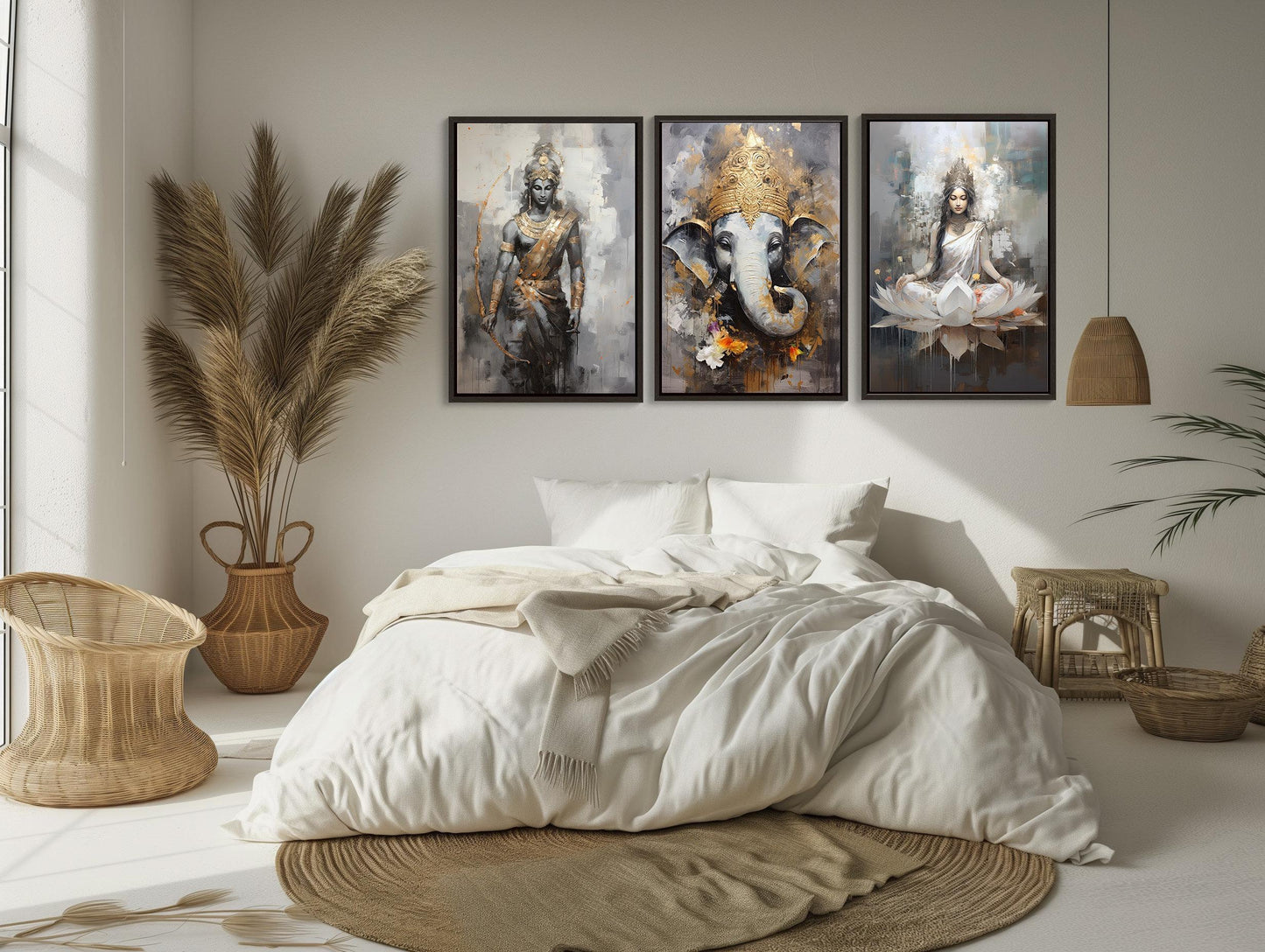 a bedroom with a bed and paintings on the wall