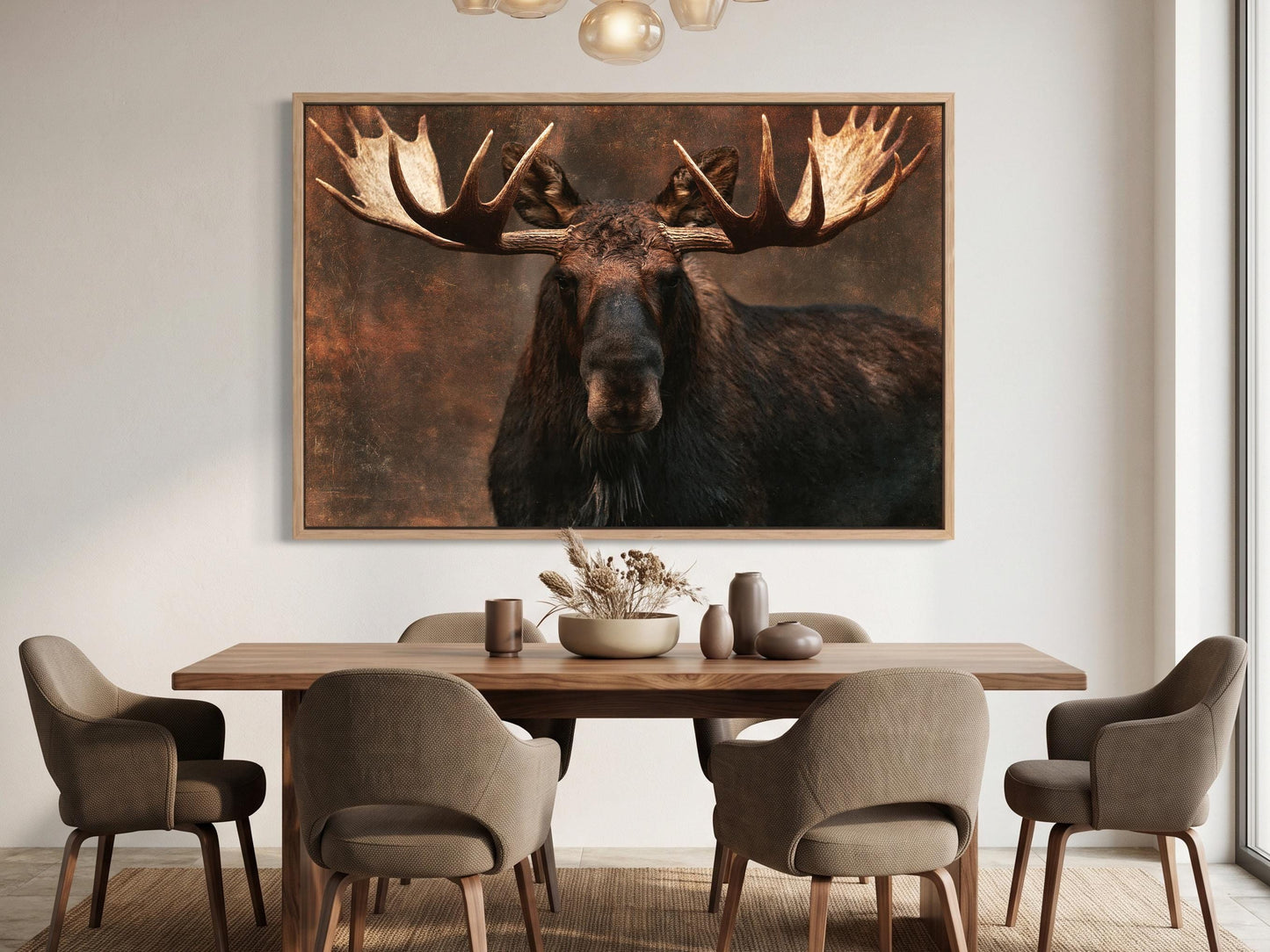 a large framed picture of a moose with large antlers hanging on a wall above a wooden dining table with six chairs.