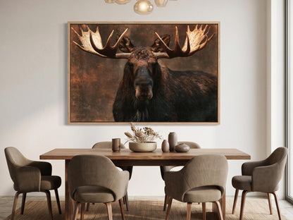 a large framed picture of a moose with large antlers hanging on a wall above a wooden dining table with six chairs.