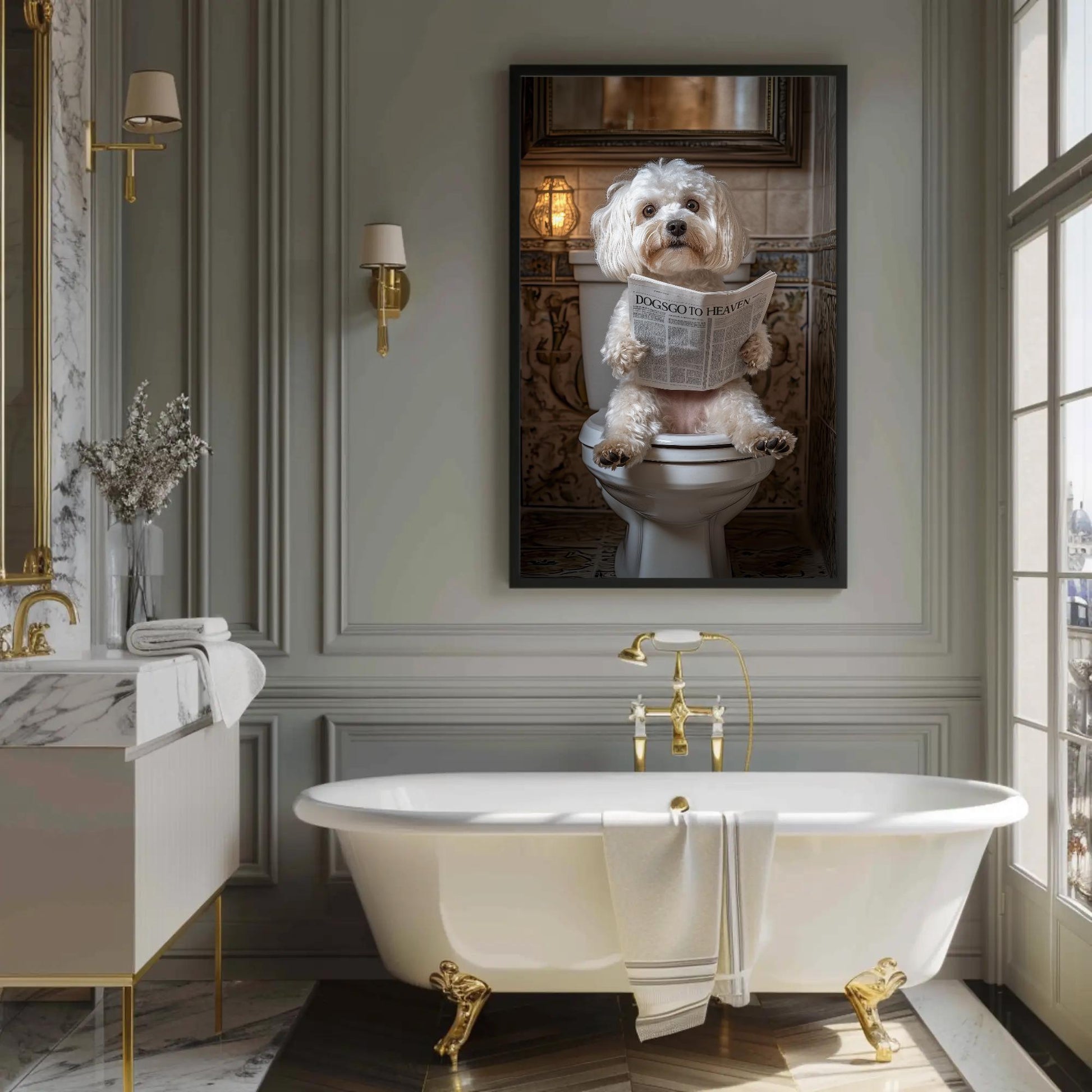 Funny Bathroom canvas wall art shown in a bathroom