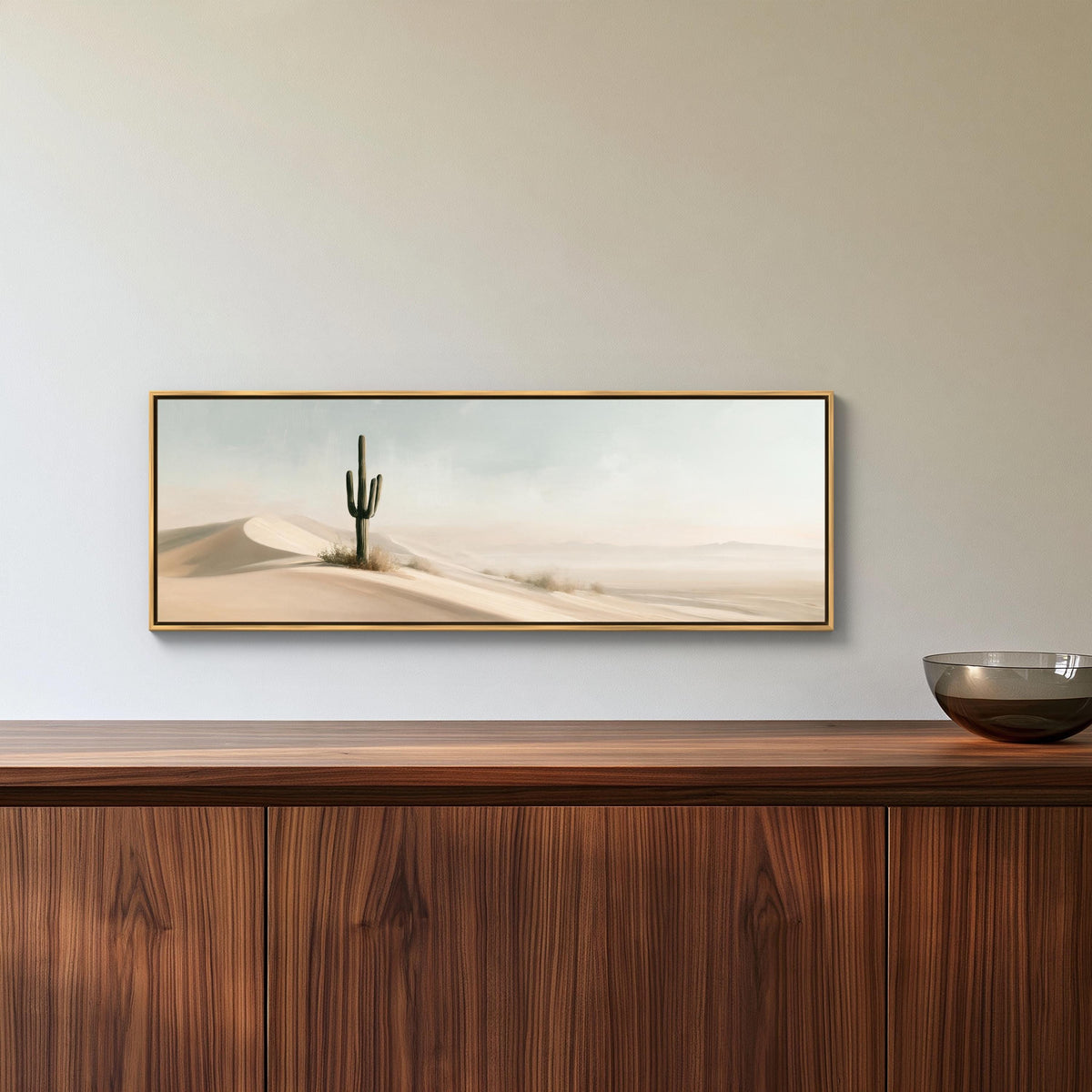 Saguaro cactus sand dune canvas wall art, lone cactus on pale dunes under a hazy sky