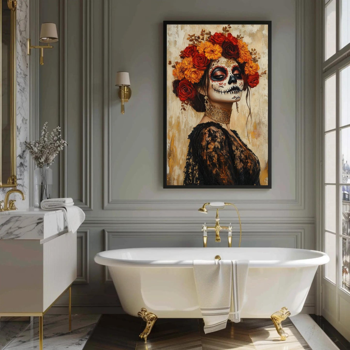 Sugar Skull canvas wall art shown in a bathroom
