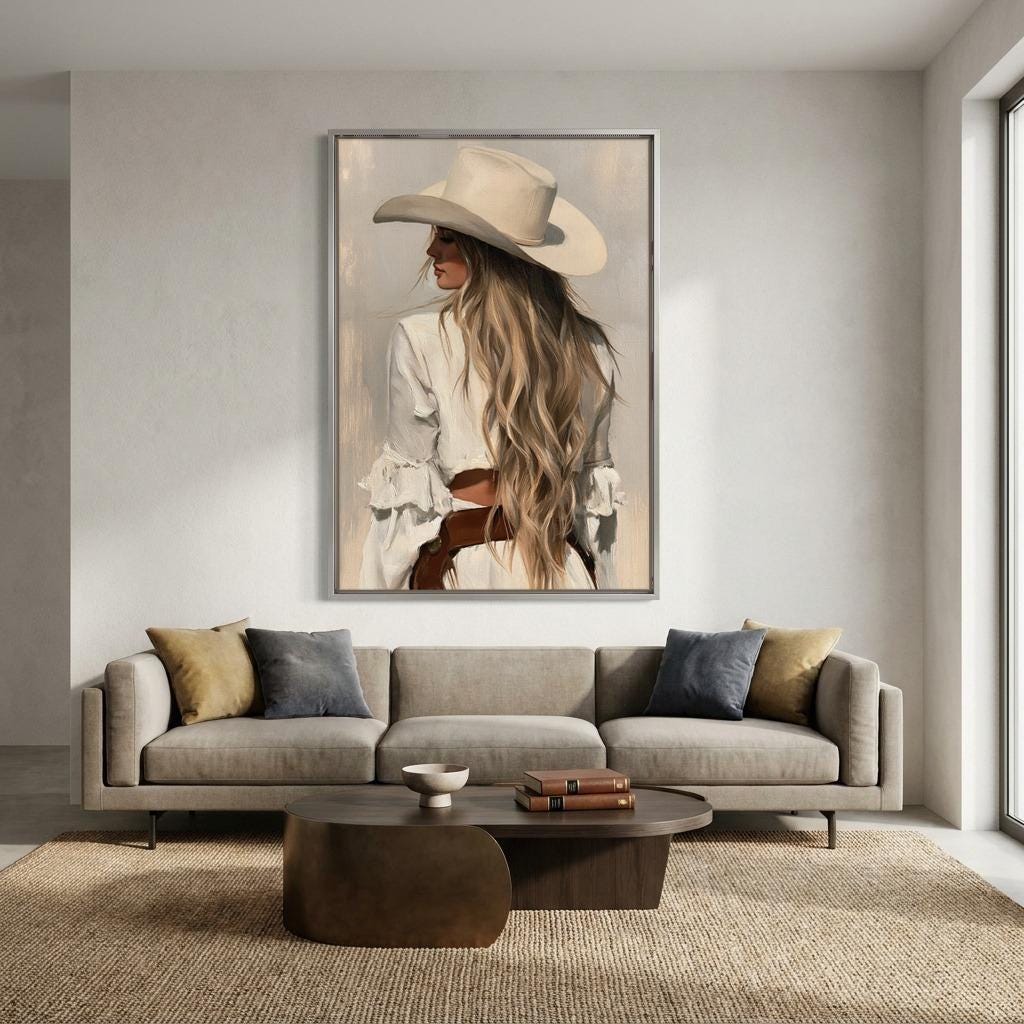 a large framed painting of a woman with long blonde hair wearing a cowboy hat, displayed on the wall above a gray sofa with two throw pillows.