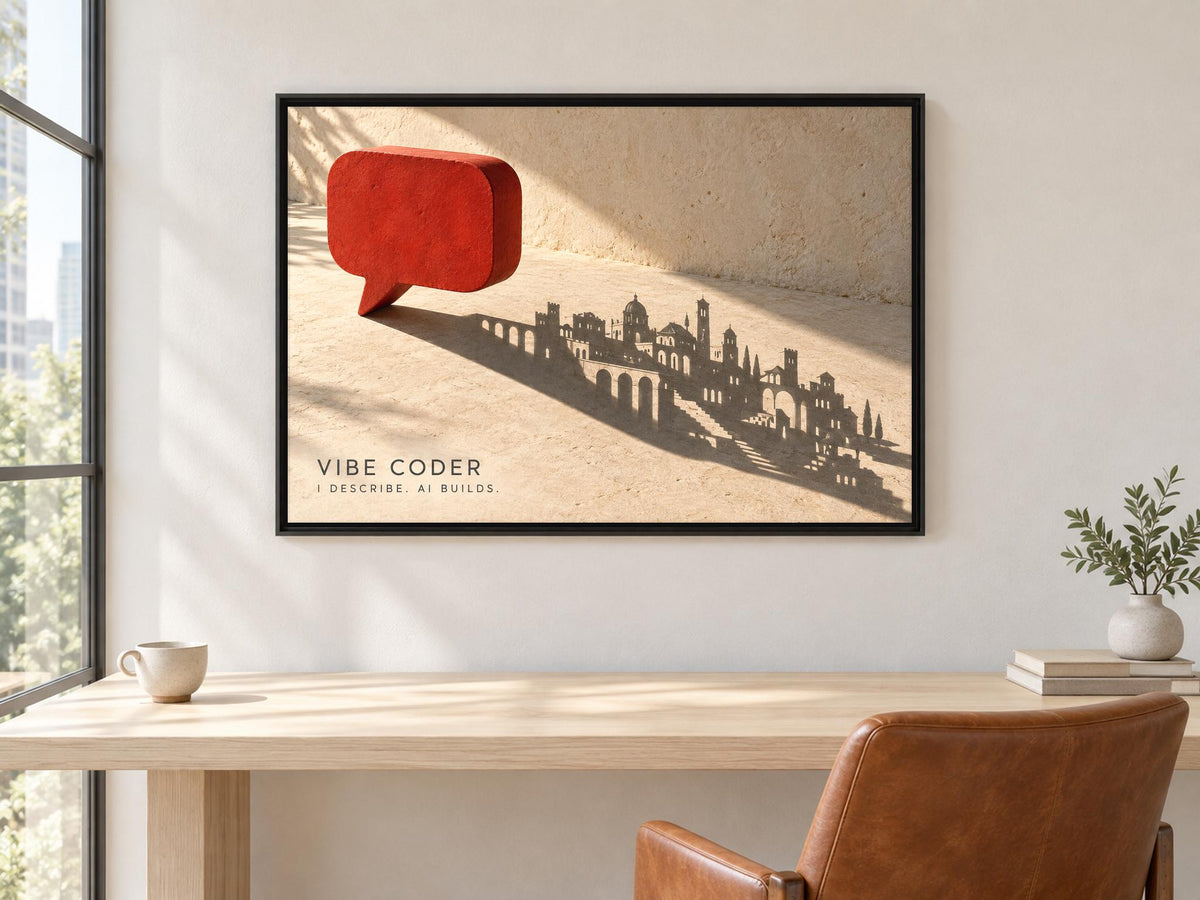 a framed artwork depicting a cityscape with a red speech bubble in the foreground, creating a visually striking contrast.