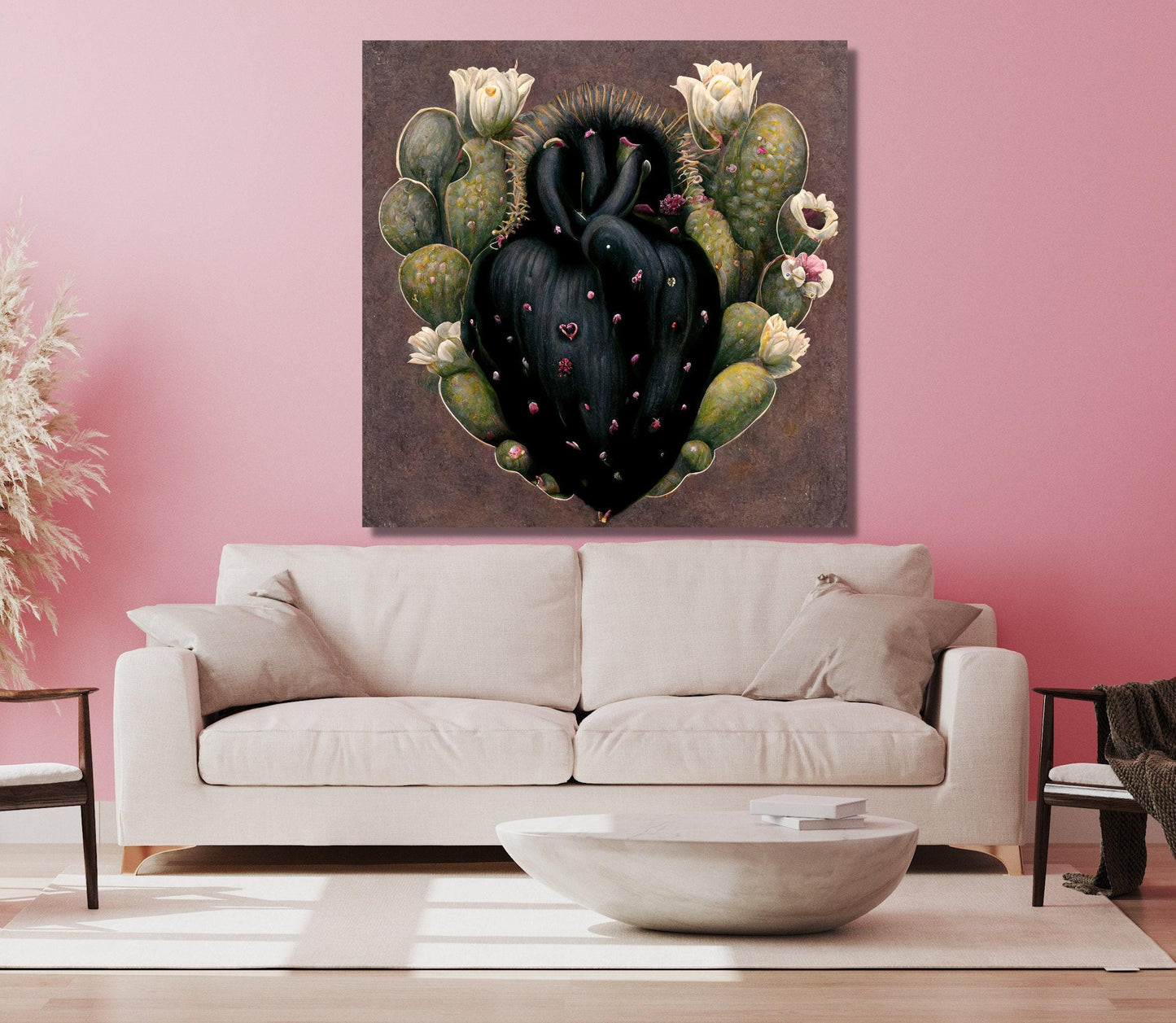 Cactus Heart , Mexican Folk Art Boho Wall canvas wall art in green tones